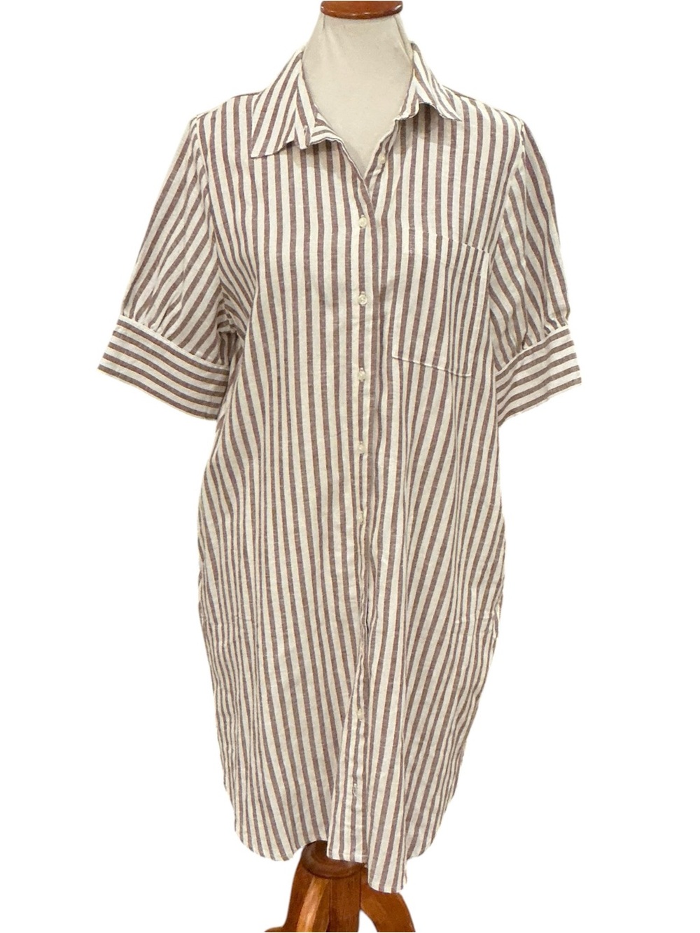 Striped Linen-Blend Shirt Dress in Cream and Brown Sz L